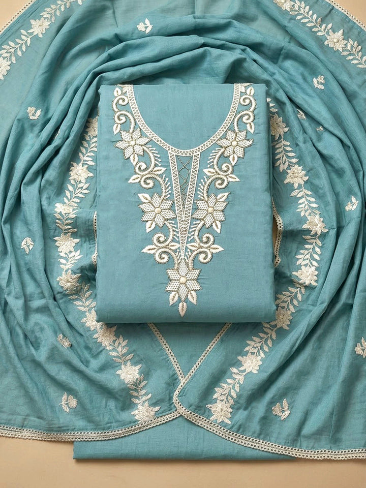 Sky Blue Chanderi Embroidered Unstitched Dress Material
