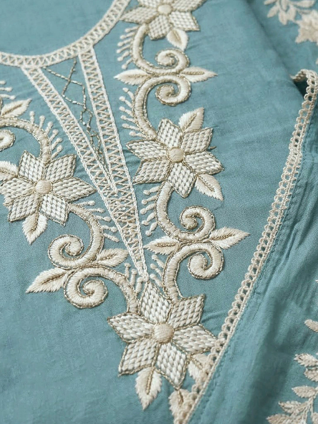 Sky Blue Chanderi Embroidered Unstitched Dress Material