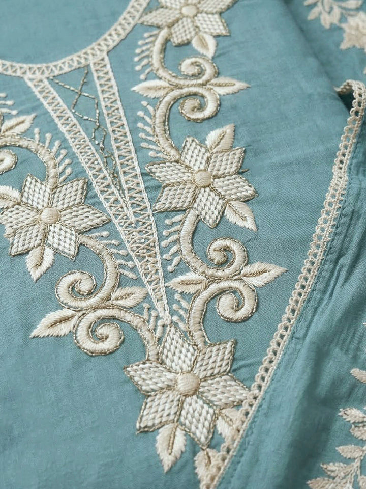Sky Blue Chanderi Embroidered Unstitched Dress Material