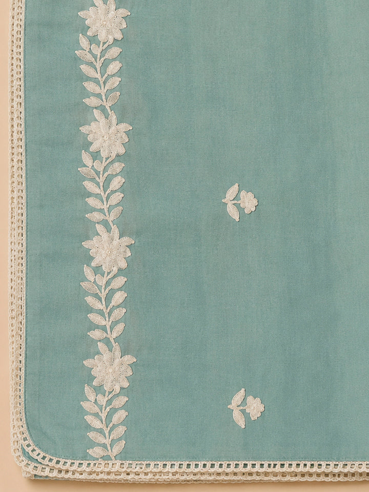 Sky Blue Chanderi Embroidered Unstitched Dress Material