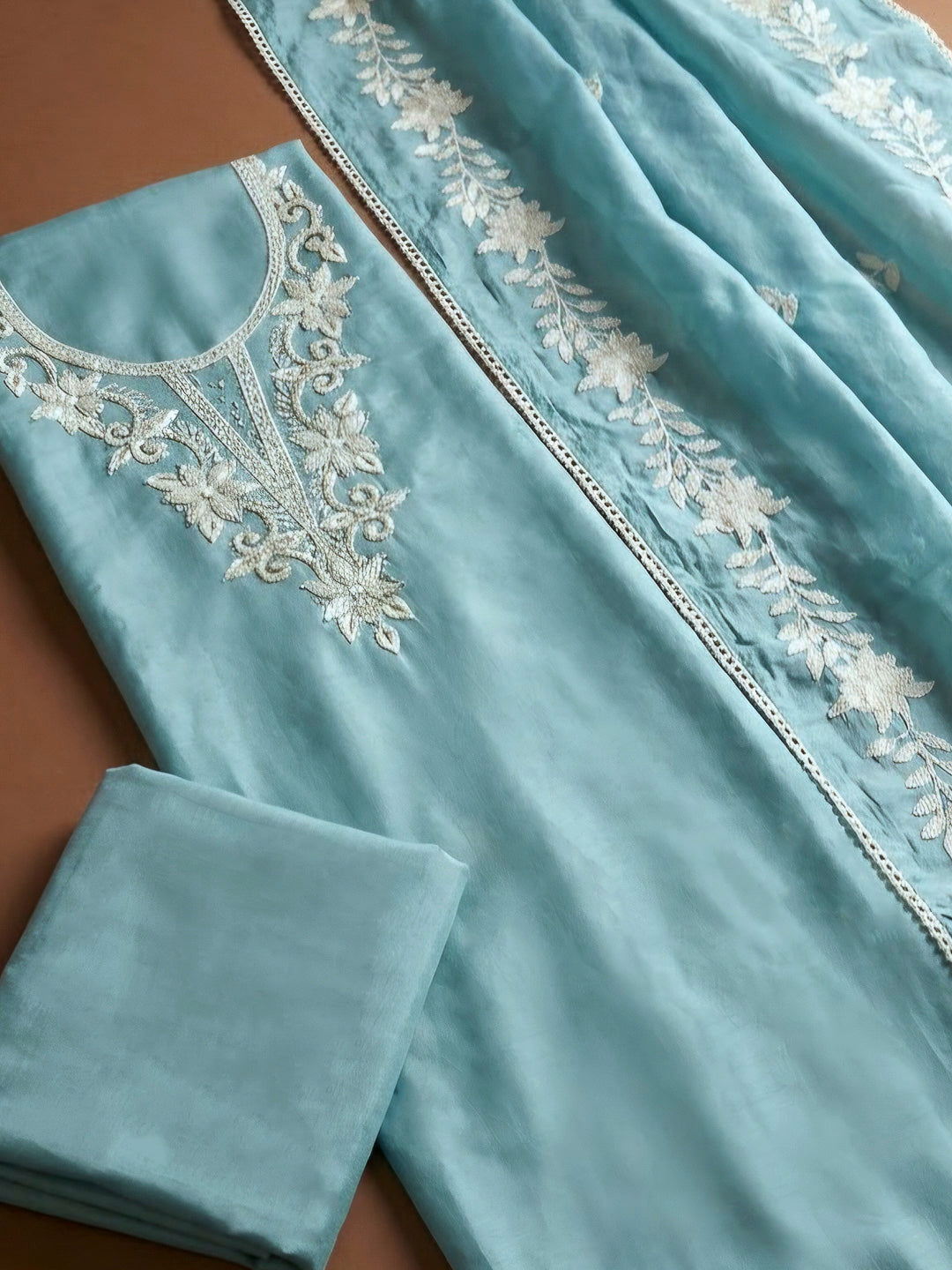 Sky Blue Chanderi Embroidered Unstitched Dress Material