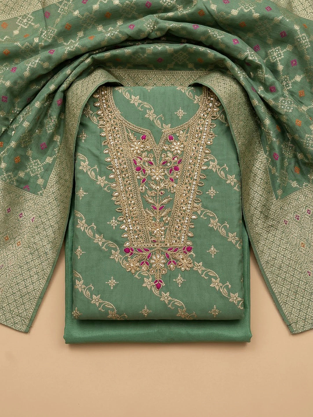 Aqua Green Chanderi Embroidered Unstitched Dress Material