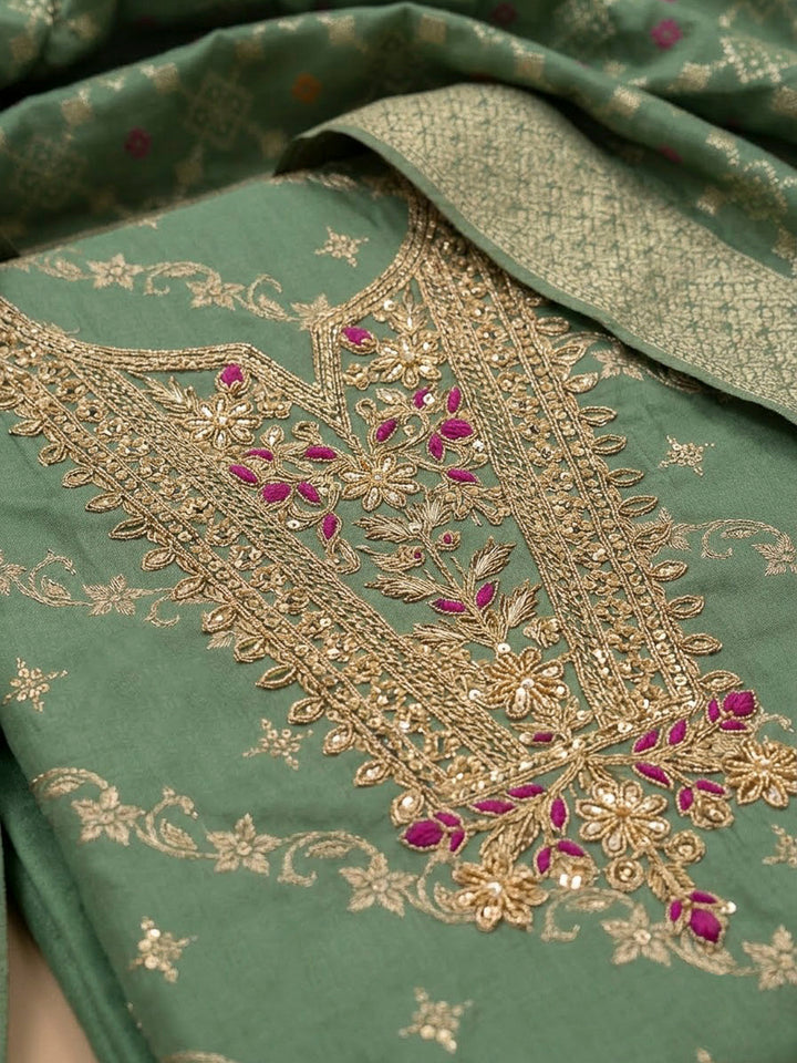 Aqua Green Chanderi Embroidered Unstitched Dress Material