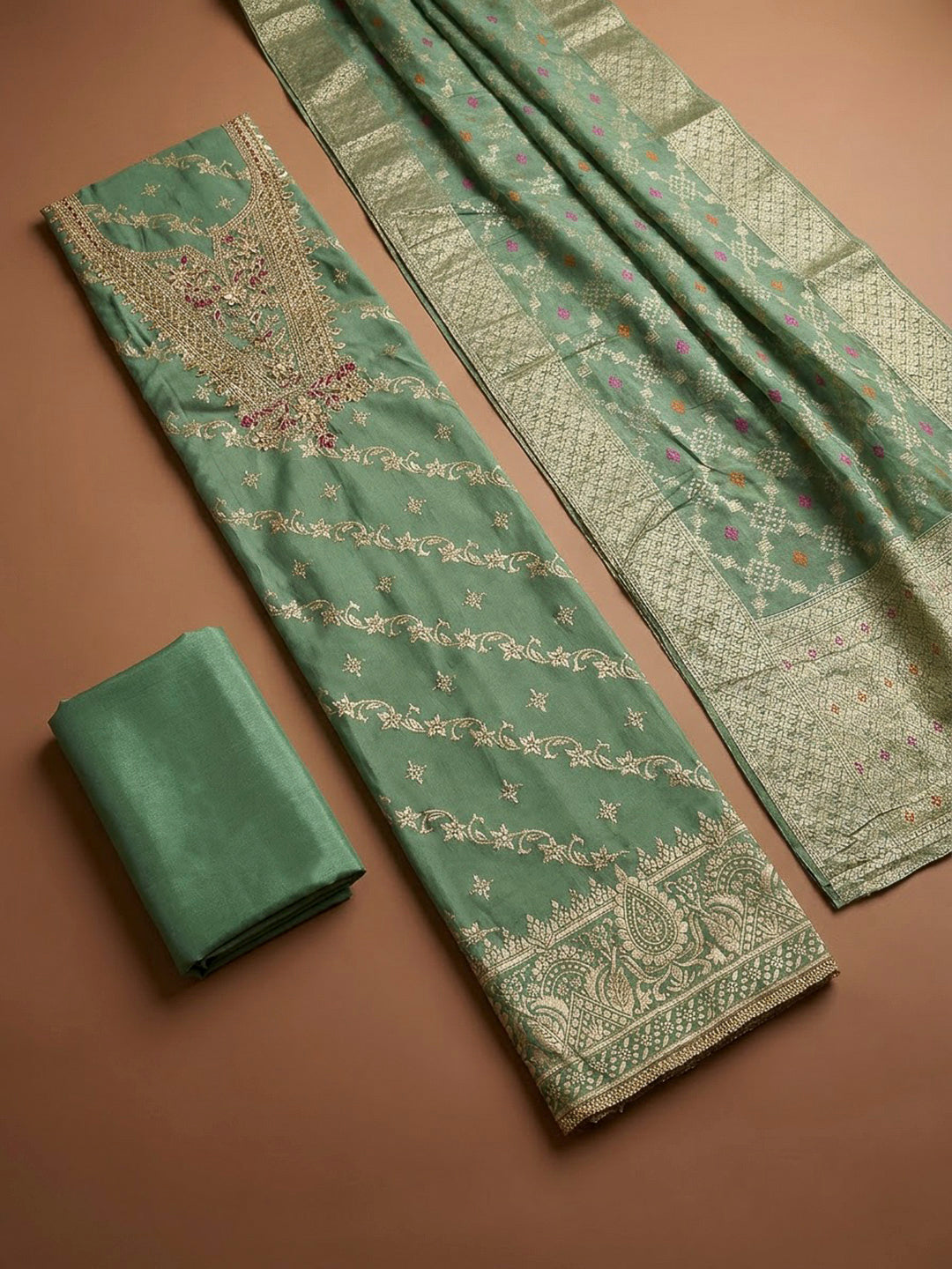 Aqua Green Chanderi Embroidered Unstitched Dress Material