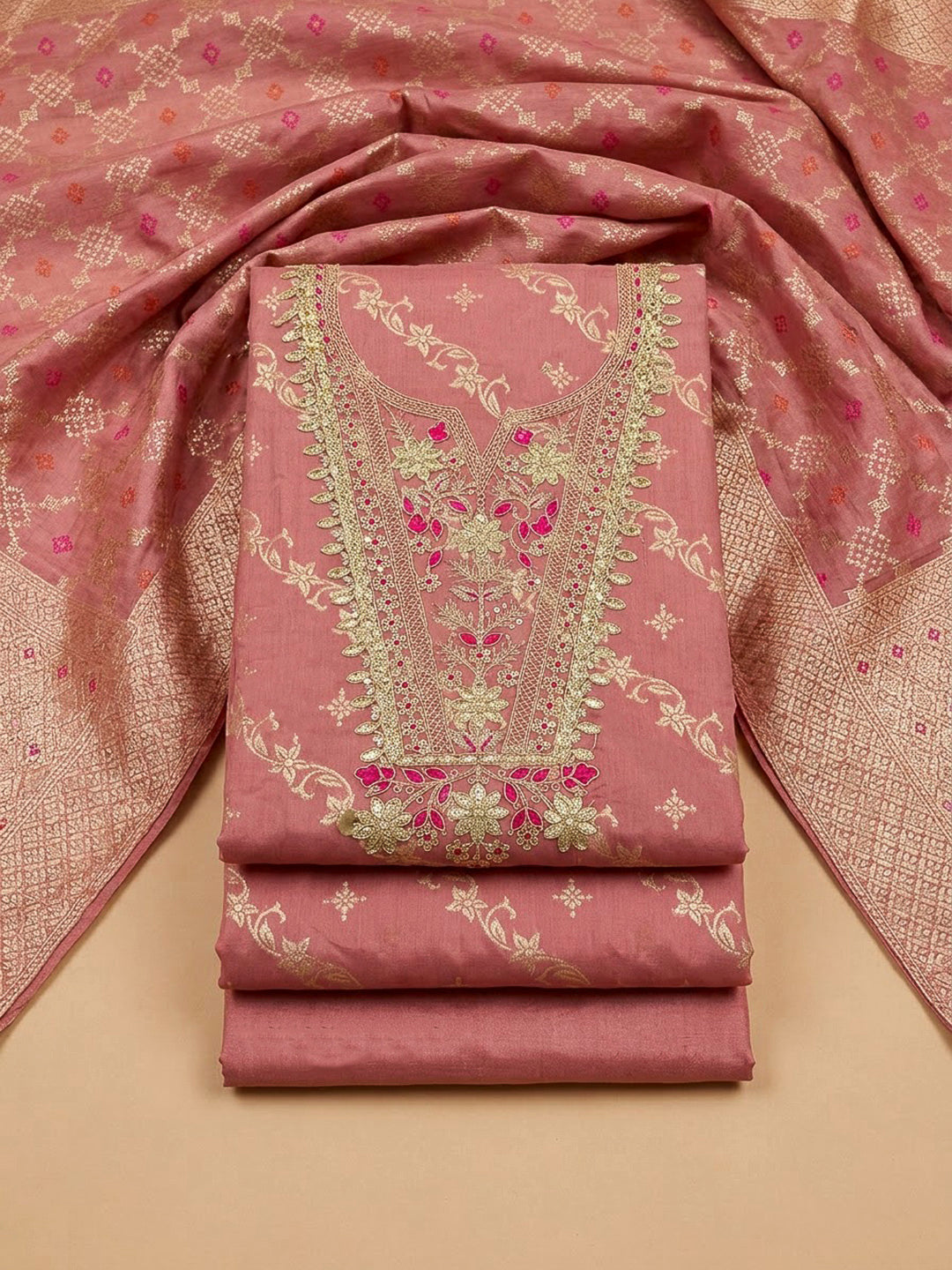 Peach Chanderi Embroidered Unstitched Dress Material