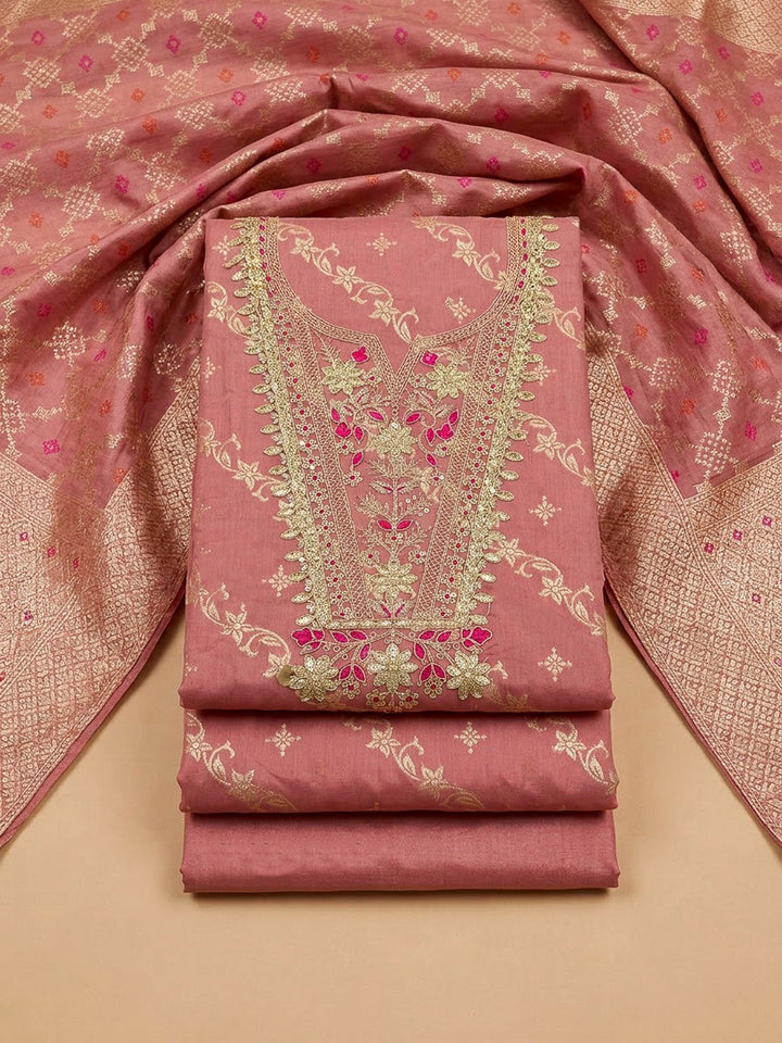 Peach Chanderi Embroidered Unstitched Dress Material