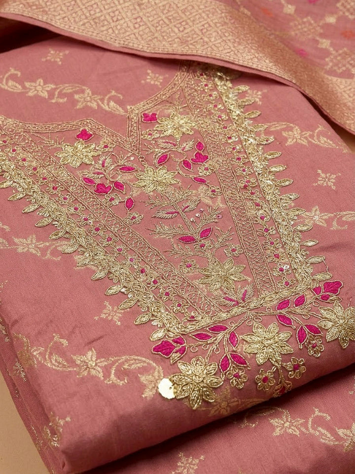Peach Chanderi Embroidered Unstitched Dress Material