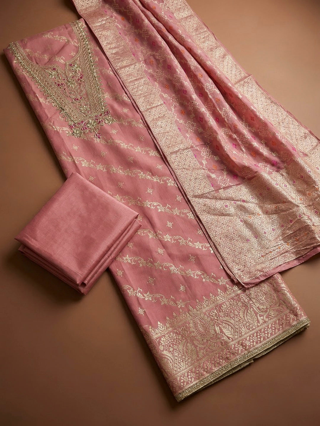 Peach Chanderi Embroidered Unstitched Dress Material