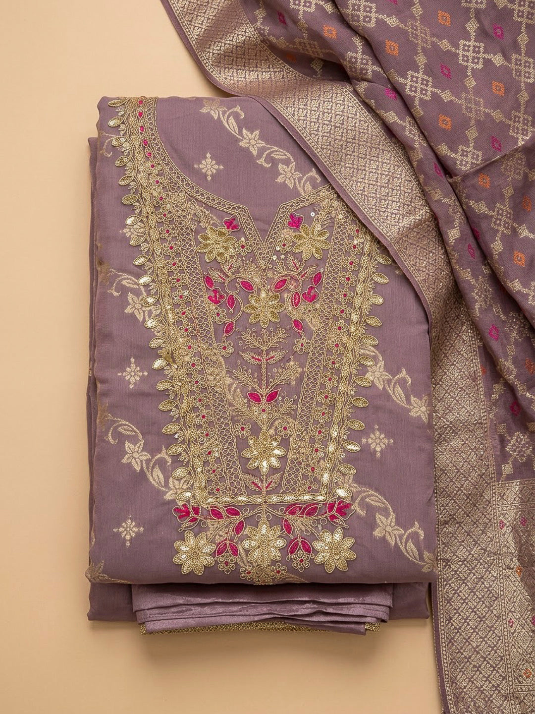 Purple Chanderi Embroidered Unstitched Dress Material