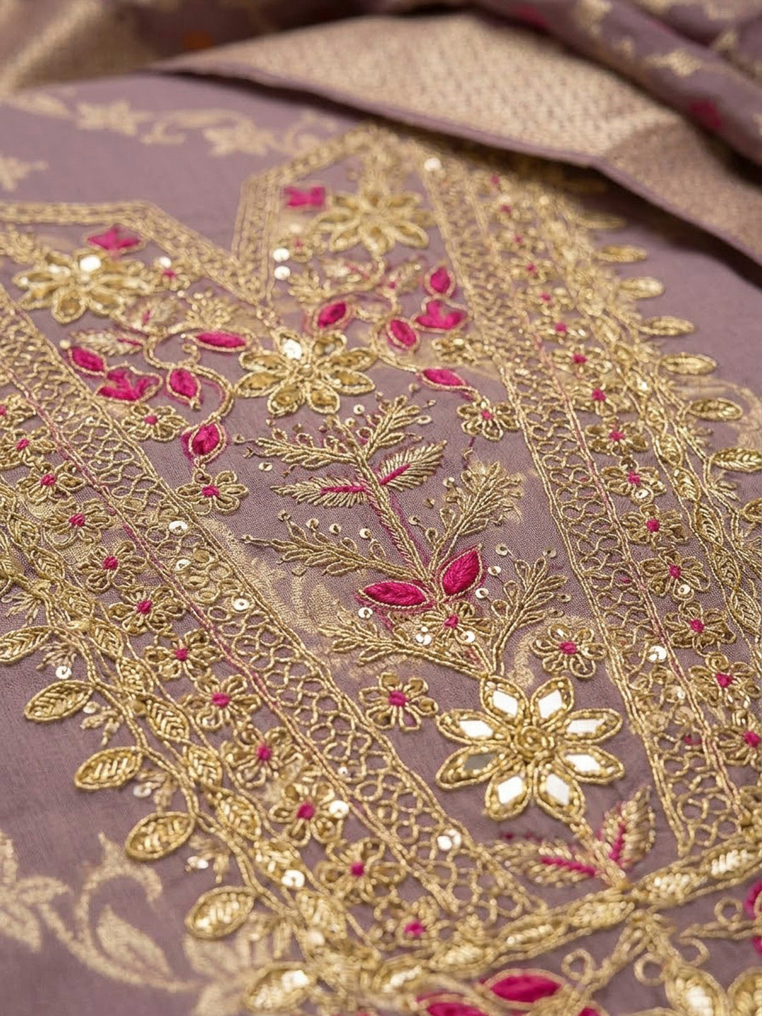 Purple Chanderi Embroidered Unstitched Dress Material