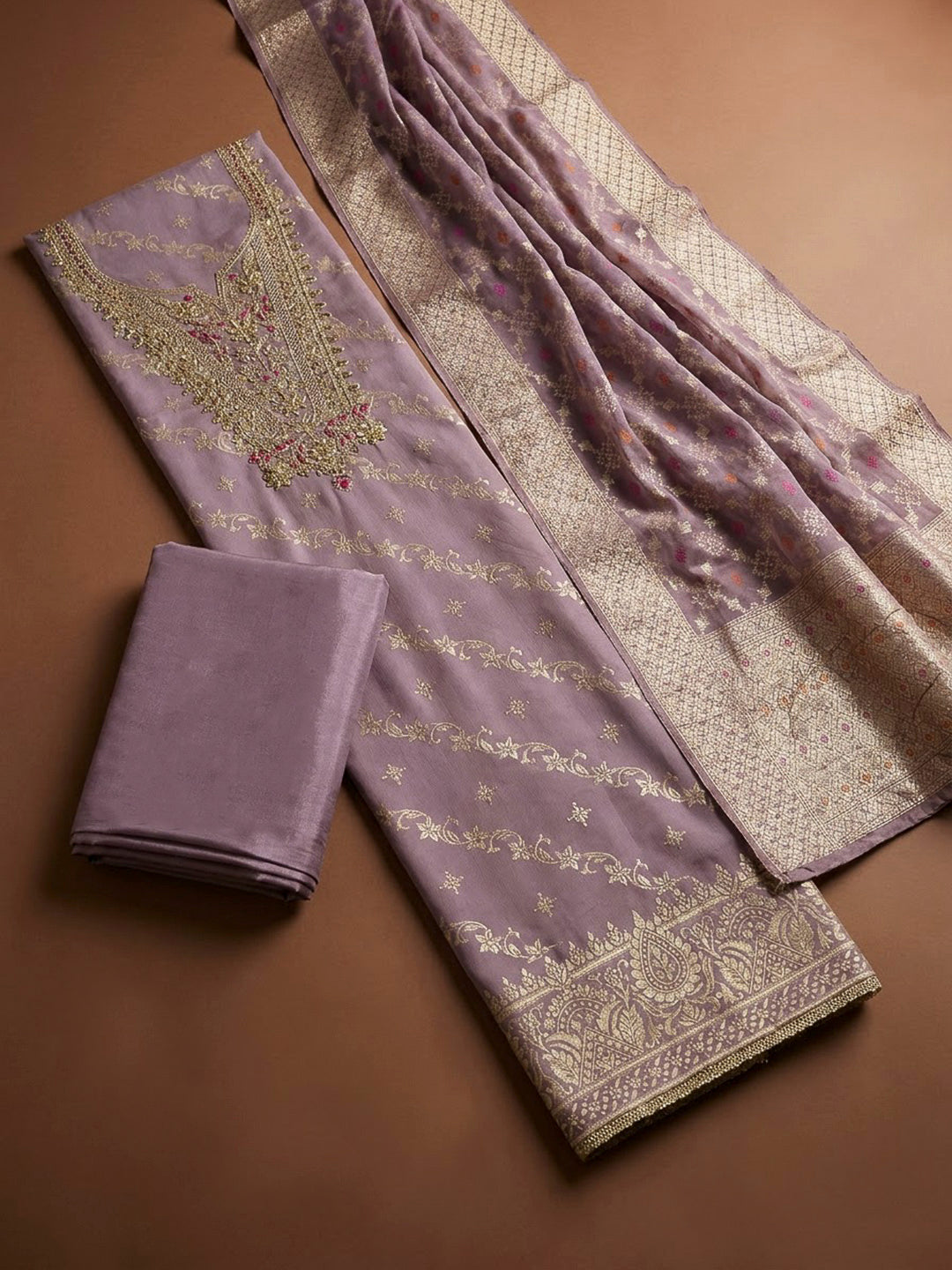 Purple Chanderi Embroidered Unstitched Dress Material