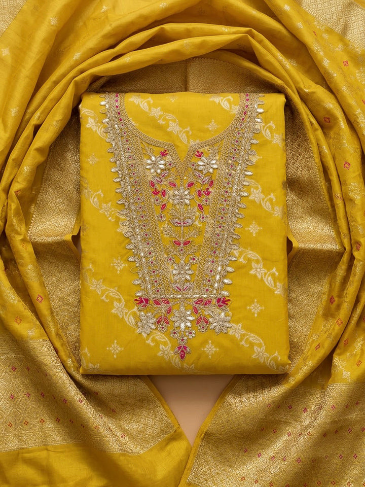 Yellow Chanderi Embroidered Unstitched Dress Material