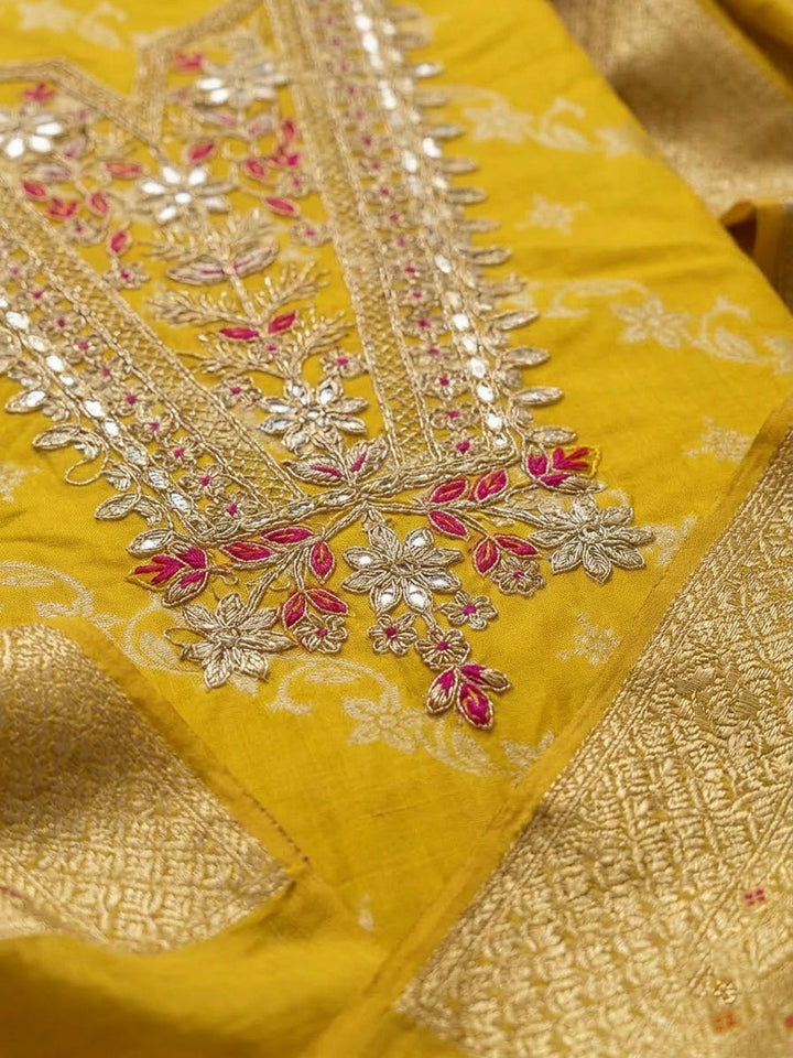 Yellow Chanderi Embroidered Unstitched Dress Material