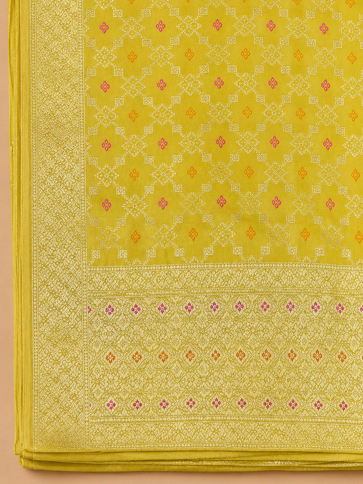 Yellow Chanderi Embroidered Unstitched Dress Material