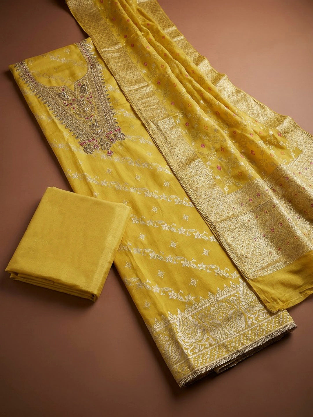 Yellow Chanderi Embroidered Unstitched Dress Material