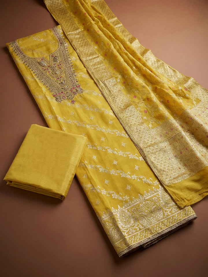 Yellow Chanderi Embroidered Unstitched Dress Material