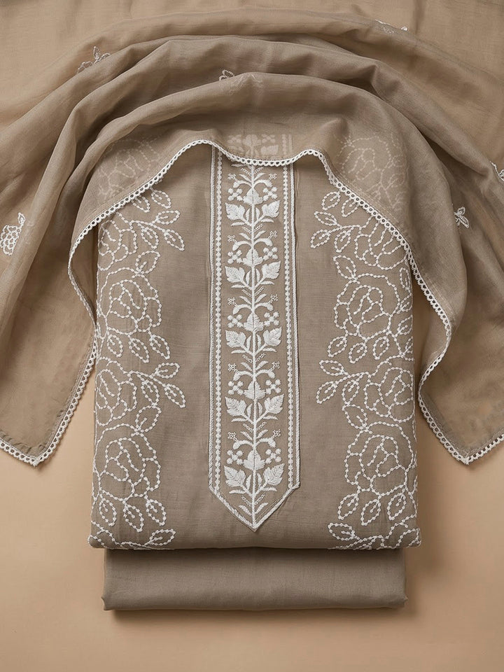 Beige Chanderi Embroidered Unstitched Dress Material
