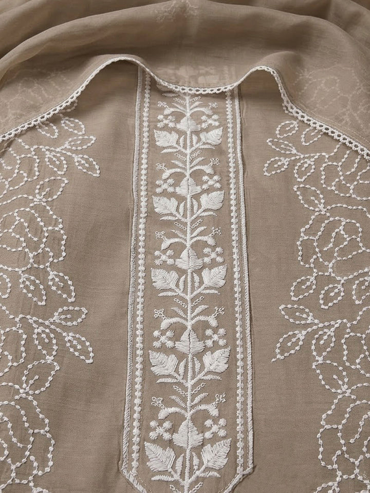 Beige Chanderi Embroidered Unstitched Dress Material