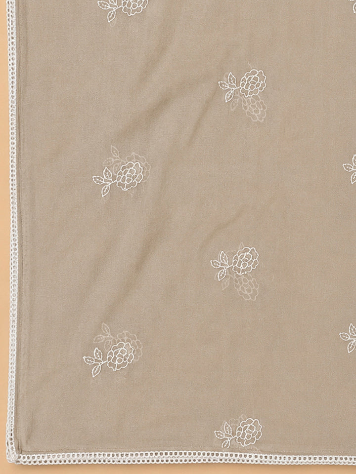 Beige Chanderi Embroidered Unstitched Dress Material