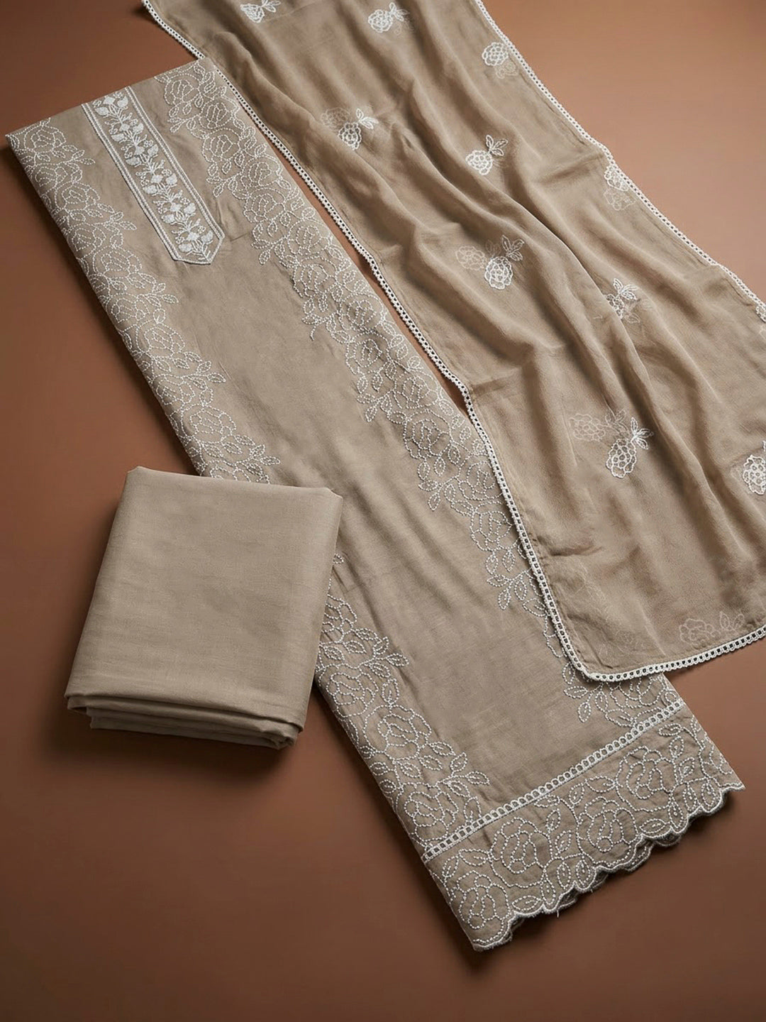 Beige Chanderi Embroidered Unstitched Dress Material