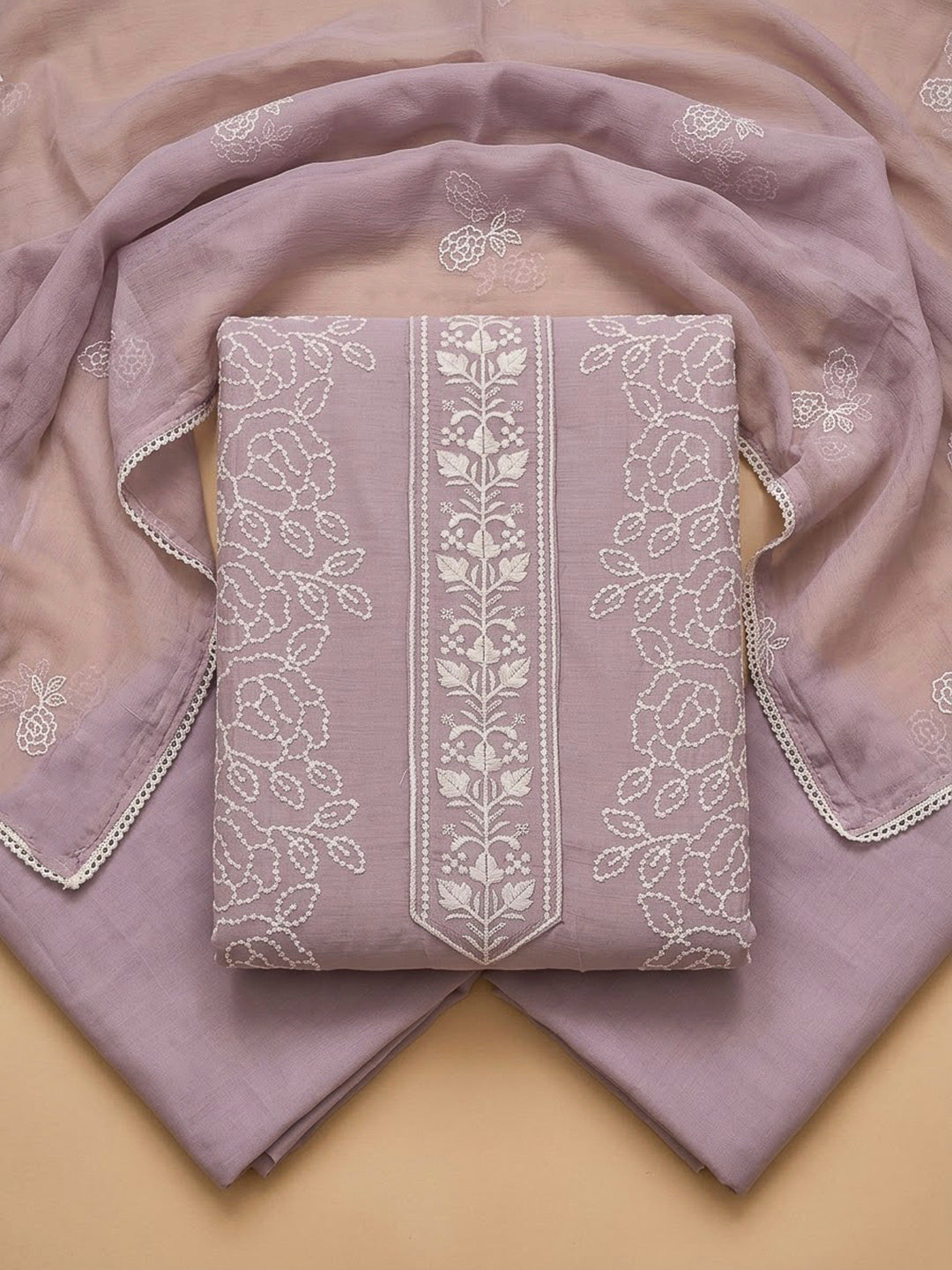 Onion Pink Chanderi Embroidered Unstitched Dress Material