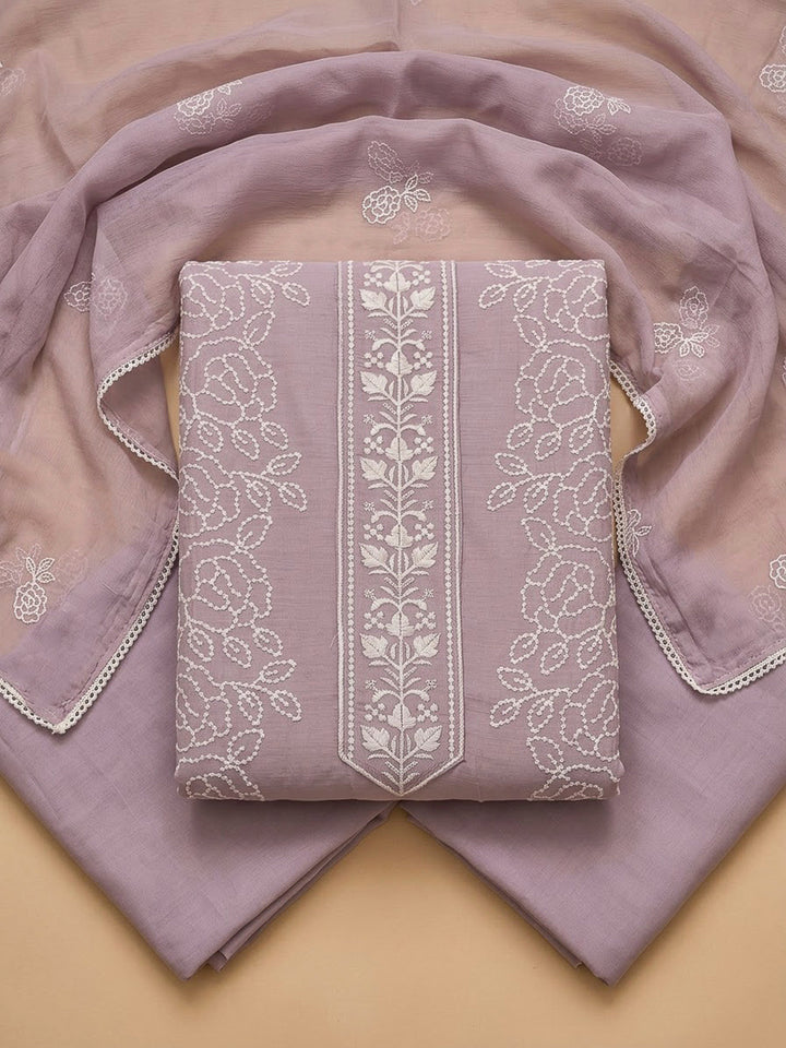 Onion Pink Chanderi Embroidered Unstitched Dress Material