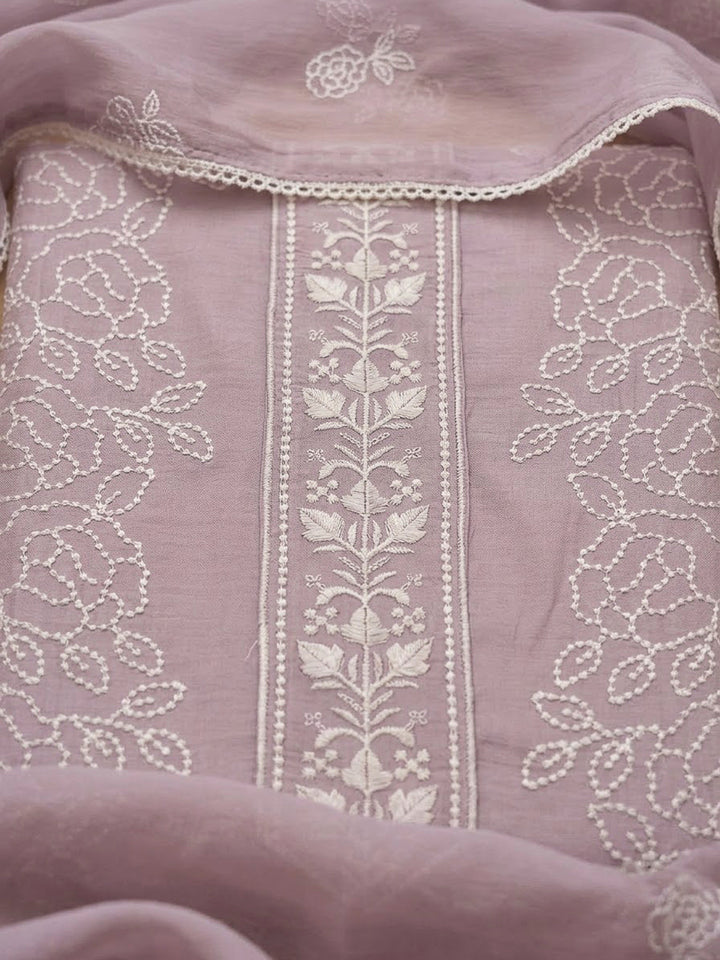 Onion Pink Chanderi Embroidered Unstitched Dress Material