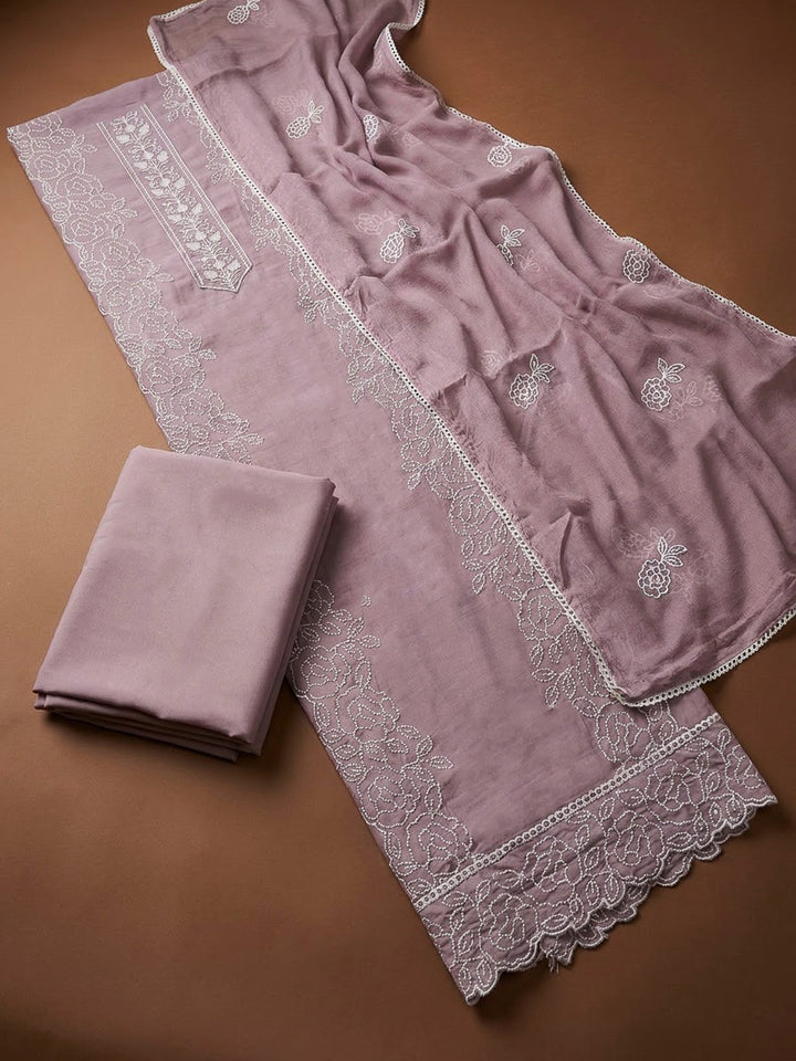 Onion Pink Chanderi Embroidered Unstitched Dress Material