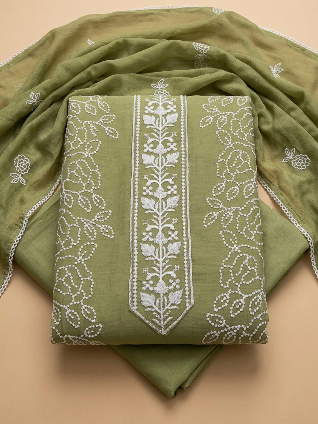 Pista Green Chanderi Embroidered Unstitched Dress Material