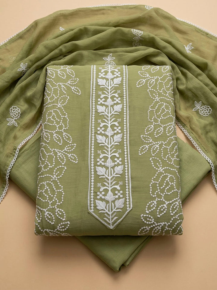 Pista Green Chanderi Embroidered Unstitched Dress Material