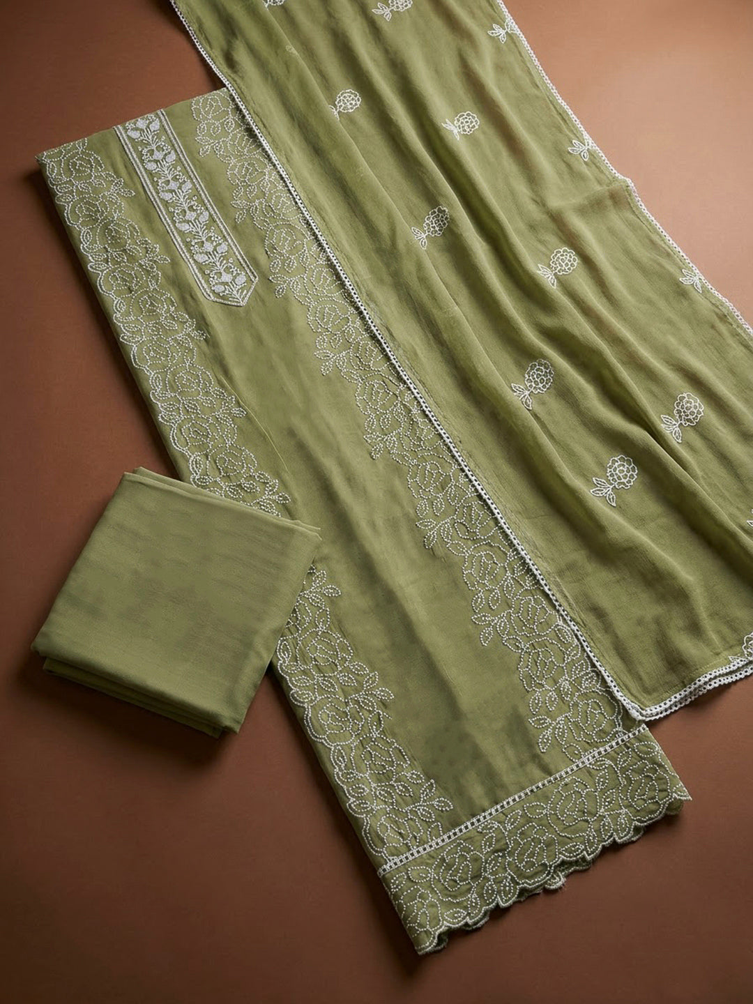 Pista Green Chanderi Embroidered Unstitched Dress Material