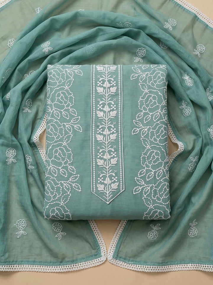 Sea Green Chanderi Embroidered Unstitched Dress Material