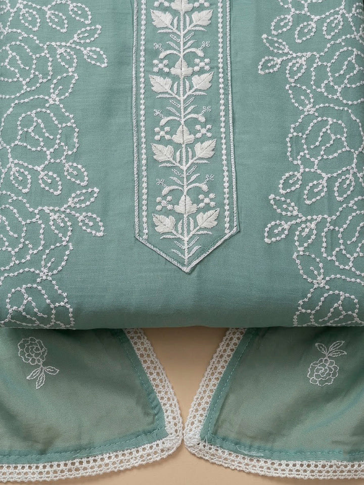 Sea Green Chanderi Embroidered Unstitched Dress Material