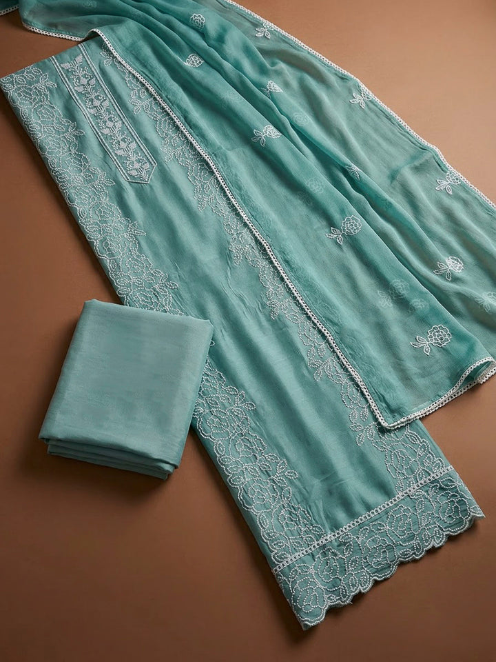Sea Green Chanderi Embroidered Unstitched Dress Material