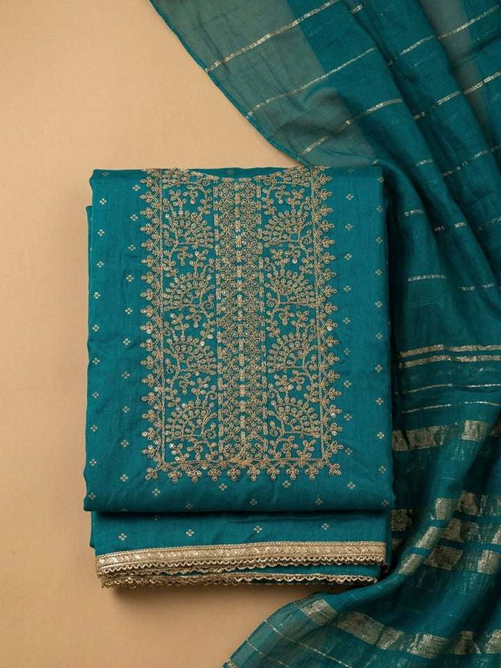 Blue Chanderi Embroidered Unstitched Dress Material
