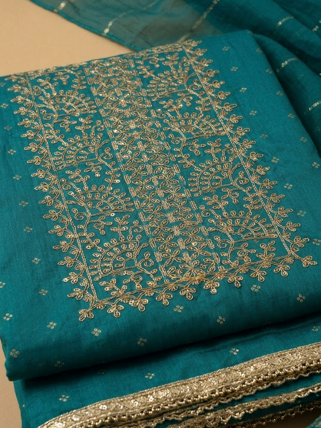 Blue Chanderi Embroidered Unstitched Dress Material
