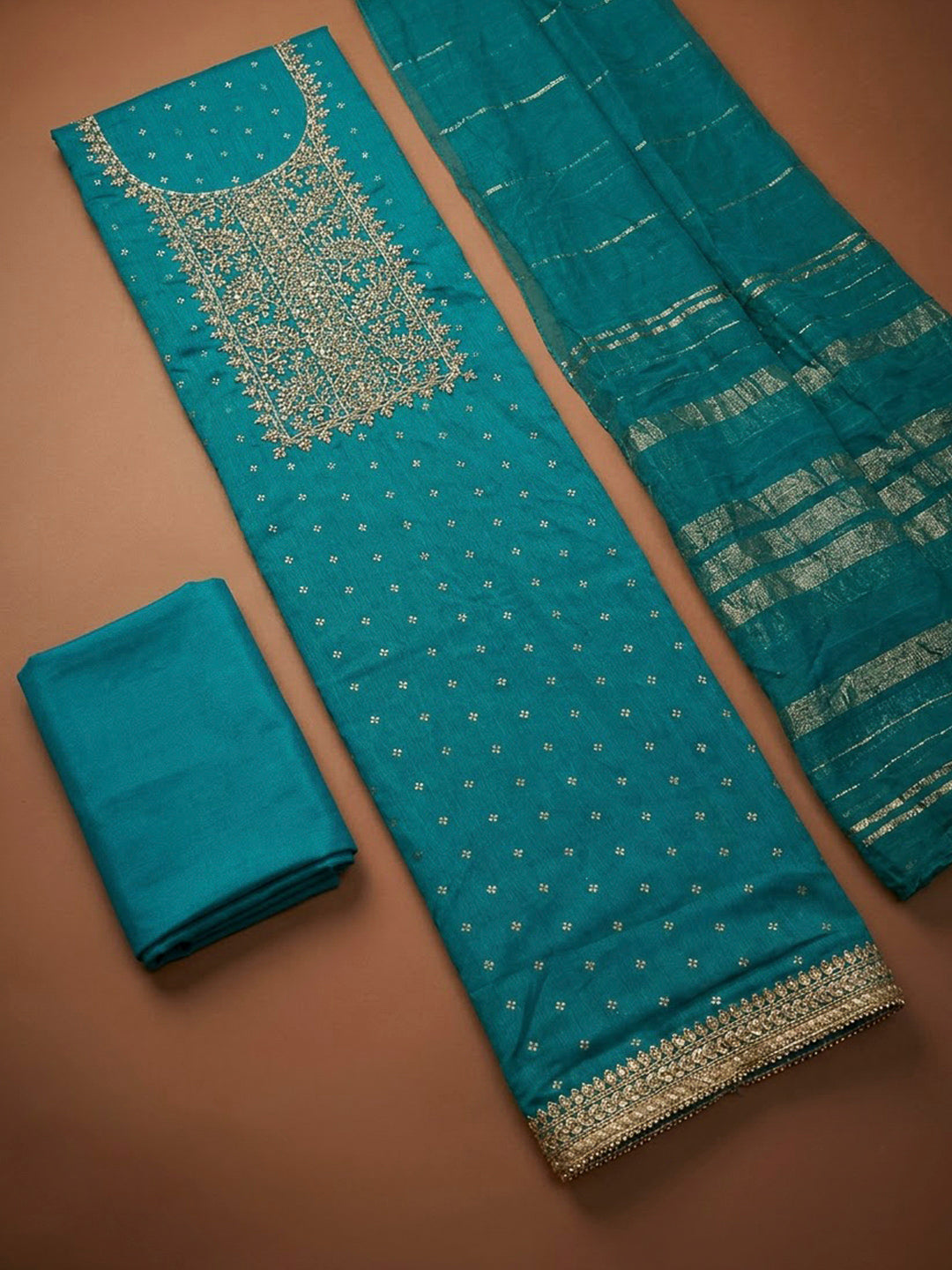 Blue Chanderi Embroidered Unstitched Dress Material