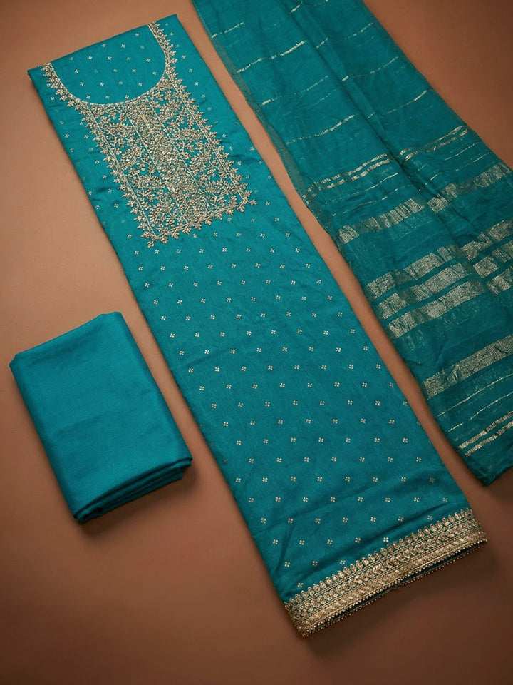 Blue Chanderi Embroidered Unstitched Dress Material