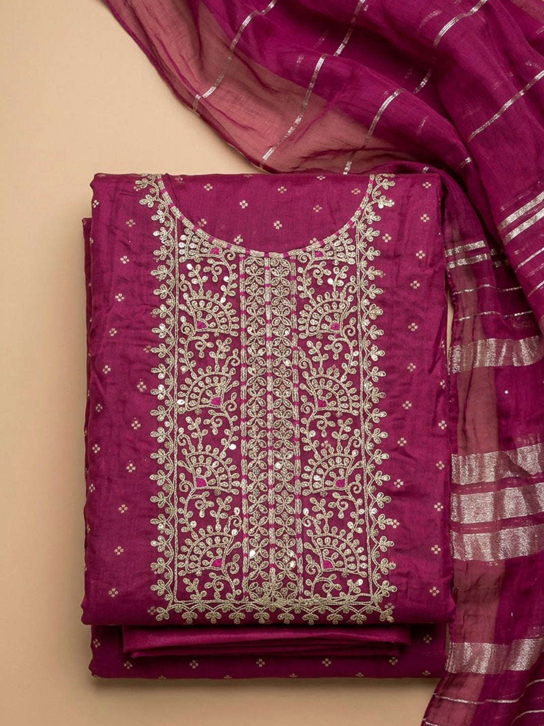 Magenta Chanderi Embroidered Unstitched Dress Material