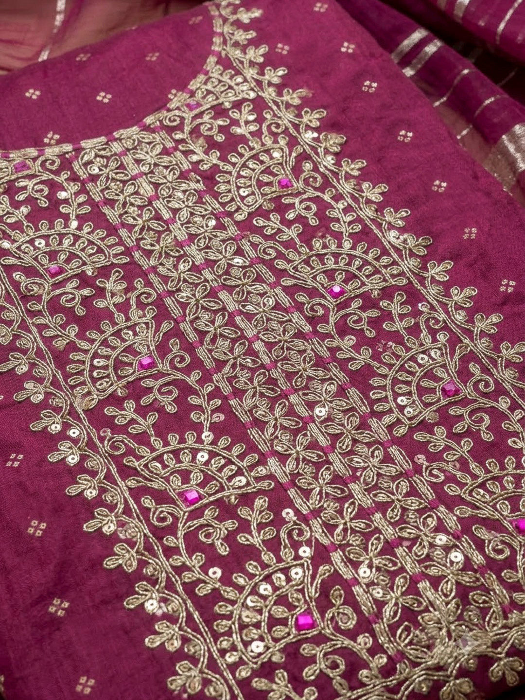 Magenta Chanderi Embroidered Unstitched Dress Material