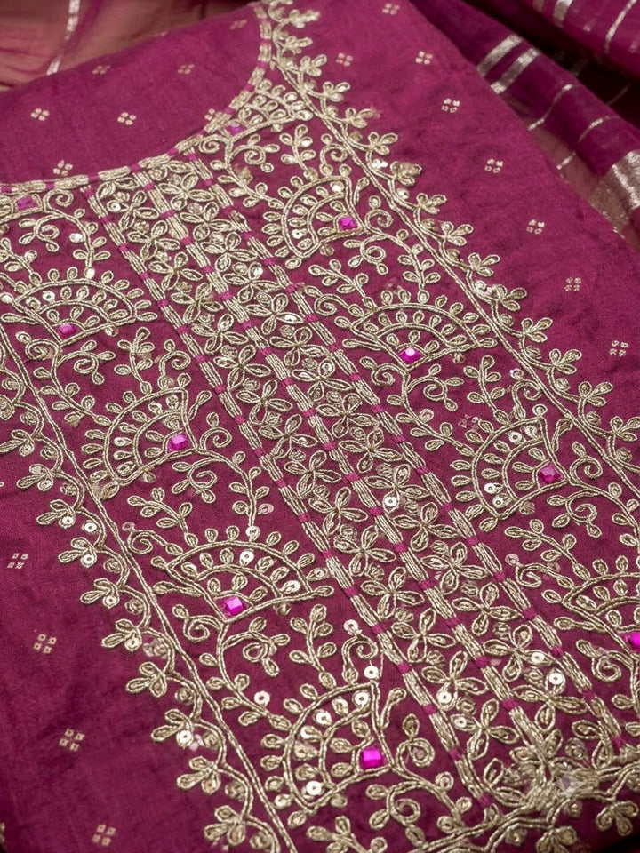 Magenta Chanderi Embroidered Unstitched Dress Material