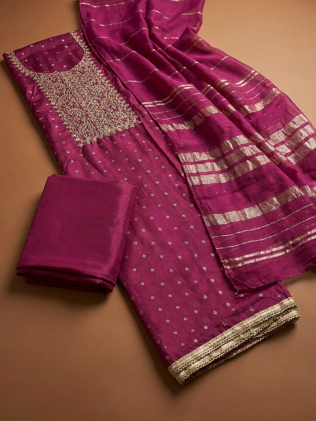 Magenta Chanderi Embroidered Unstitched Dress Material