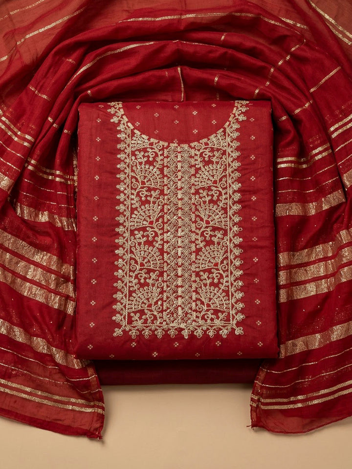 Maroon Chanderi Embroidered Unstitched Dress Material