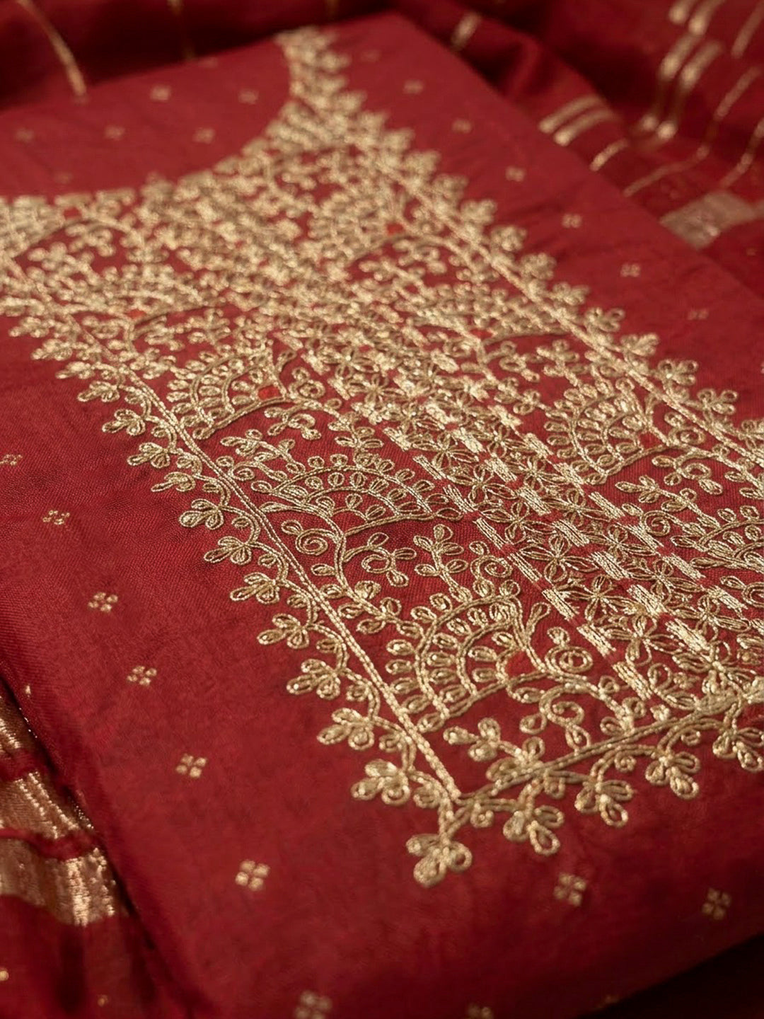 Maroon Chanderi Embroidered Unstitched Dress Material
