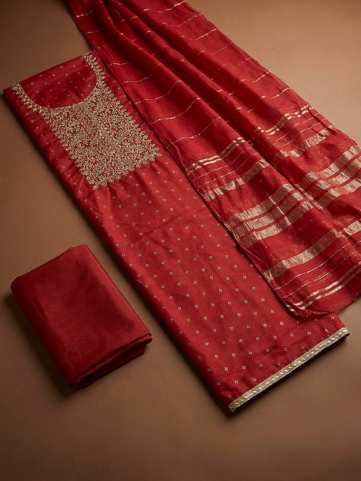 Maroon Chanderi Embroidered Unstitched Dress Material