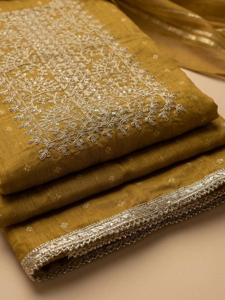 Mehndi Chanderi Embroidered Unstitched Dress Material