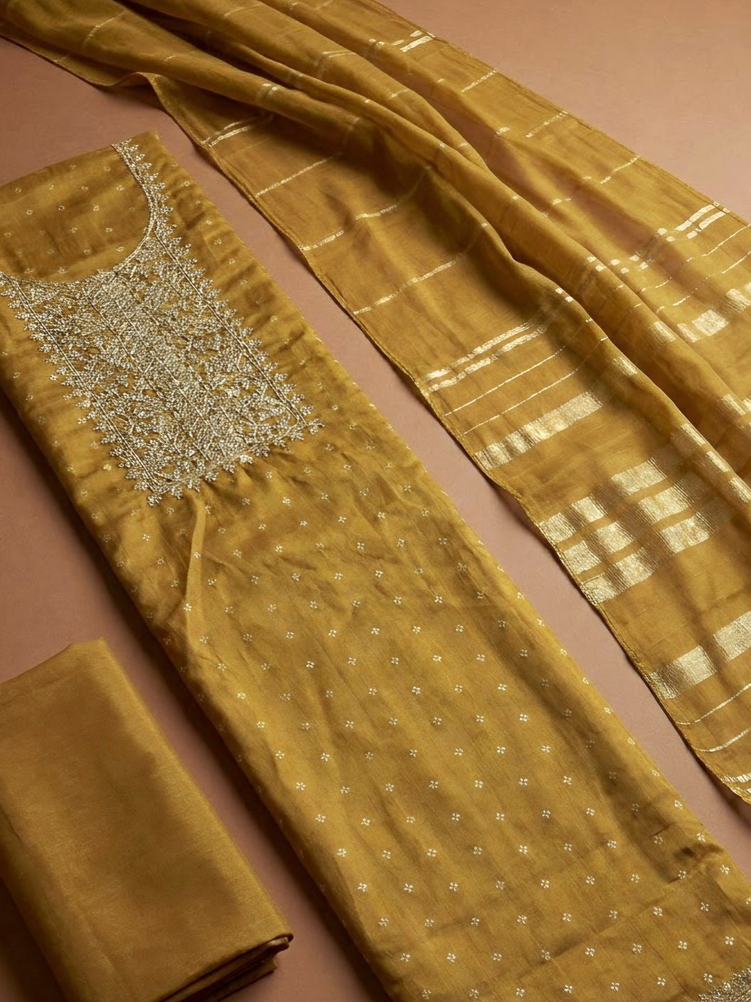Mehndi Chanderi Embroidered Unstitched Dress Material