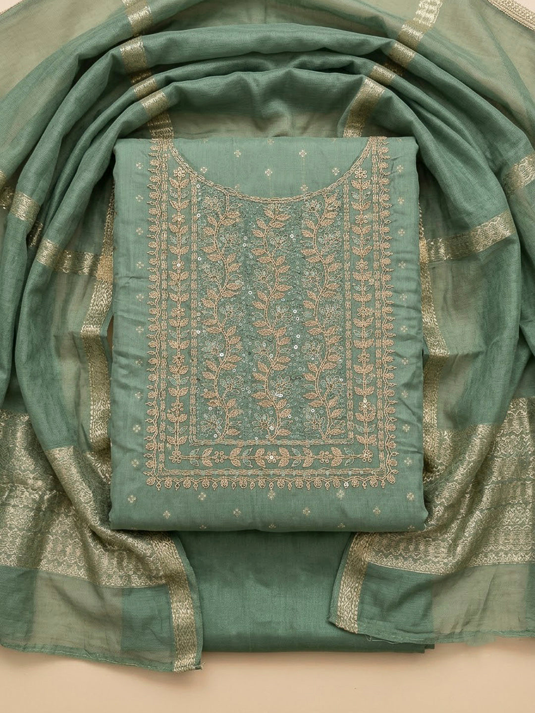 Aqua Green Chanderi Embroidered Unstitched Dress Material