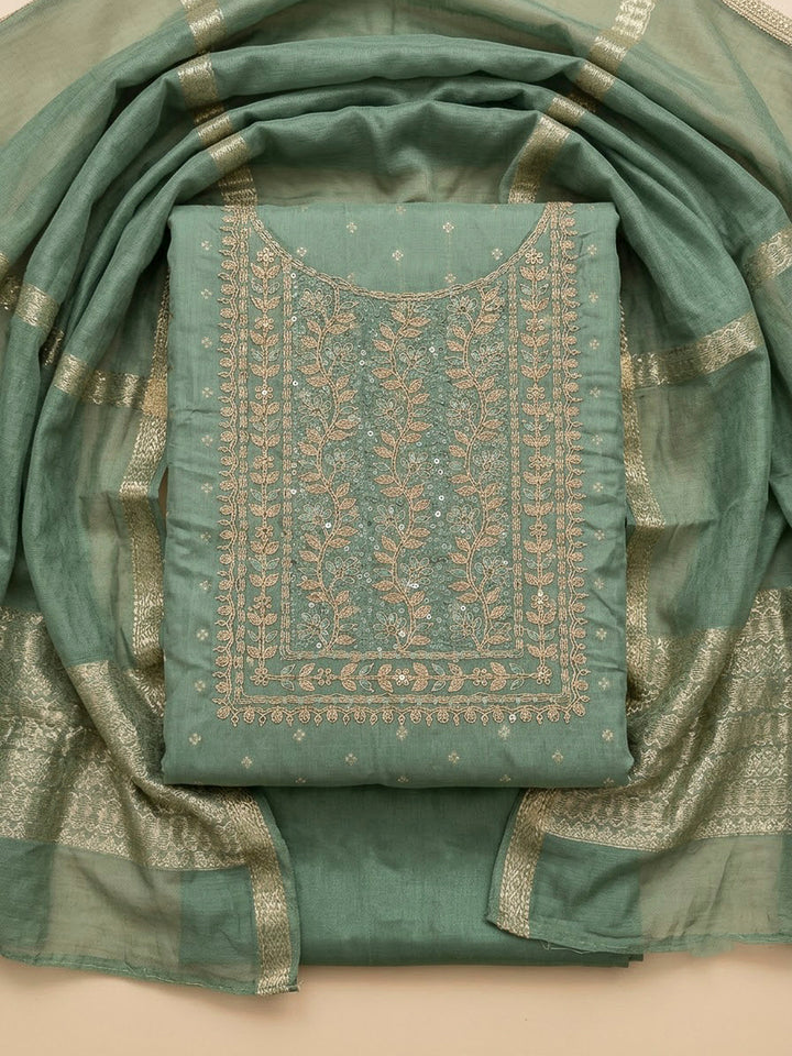 Aqua Green Chanderi Embroidered Unstitched Dress Material
