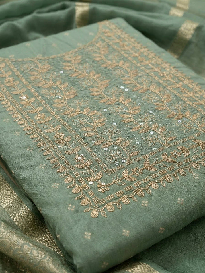 Aqua Green Chanderi Embroidered Unstitched Dress Material